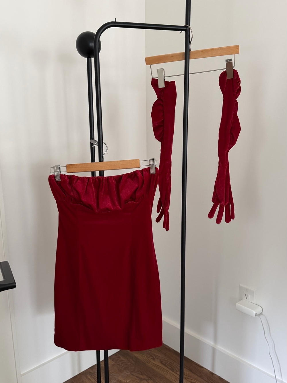 Red Strapless Ruffle Mini Dress with Matching Gloves